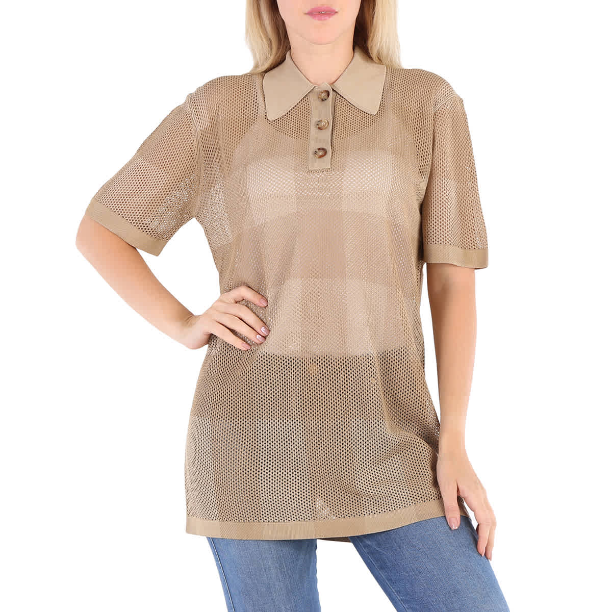 Pre-owned Burberry Ladies Honey Zadey Check Polo Shirt In Brown