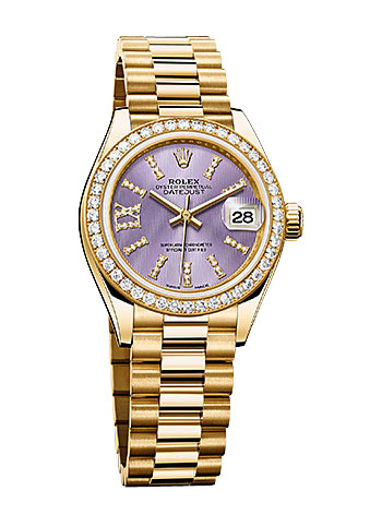 Rolex LadyDatejust 28 Lilac Dial 18K Yellow Gold President Automatic Ladies Watch 279138LIRDP