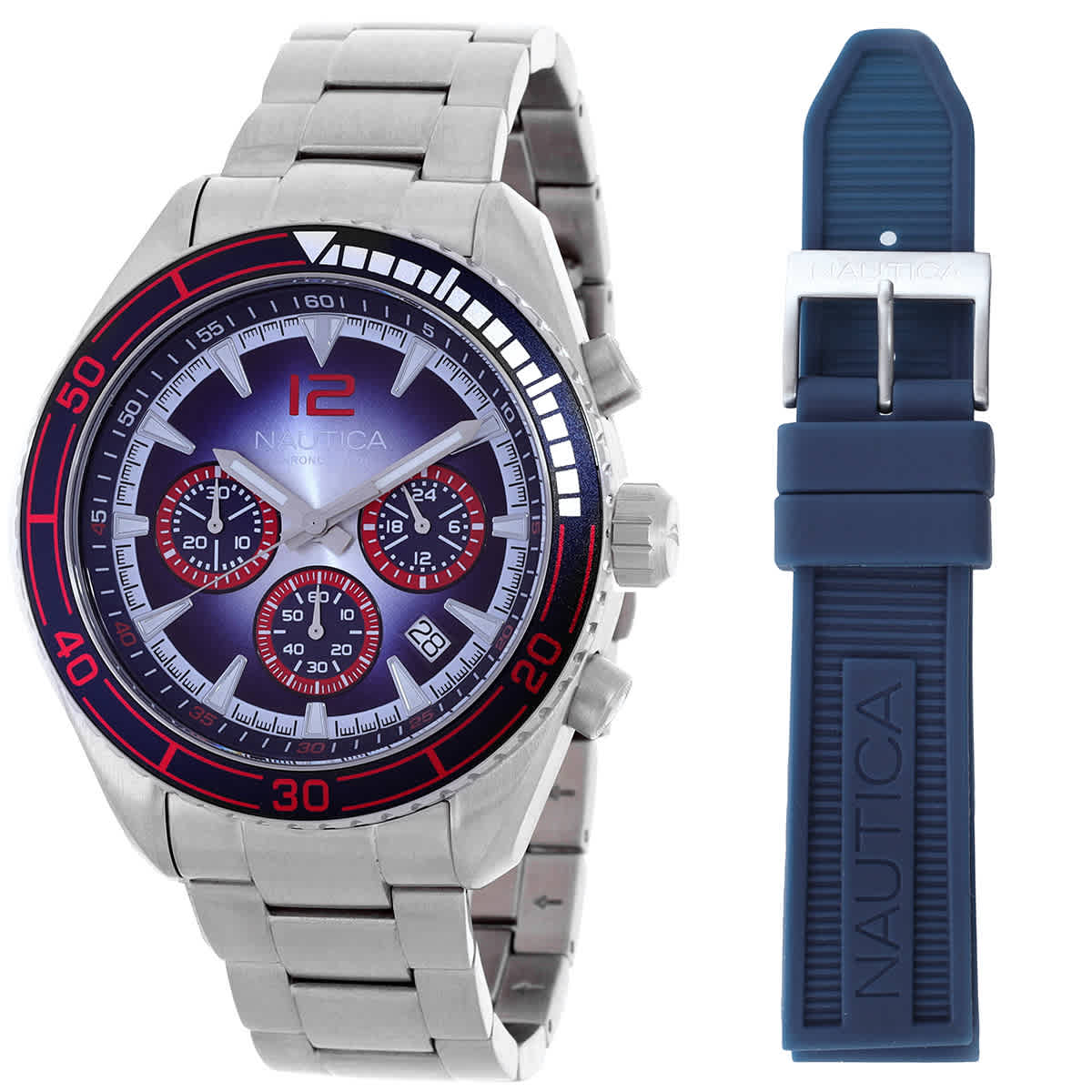 Nautica Key Biscane Chronograph Quartz Blue Dial Mens Watch Box Set NAPKBF302