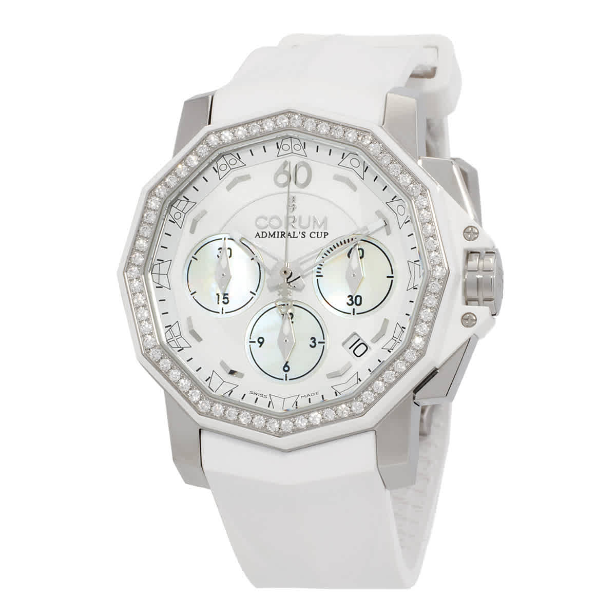 Corum Admirals Cup Chronograph Automatic Diamond White Mother of Pearl Dial Ladies Watch 98497047F379 PN35 3550$