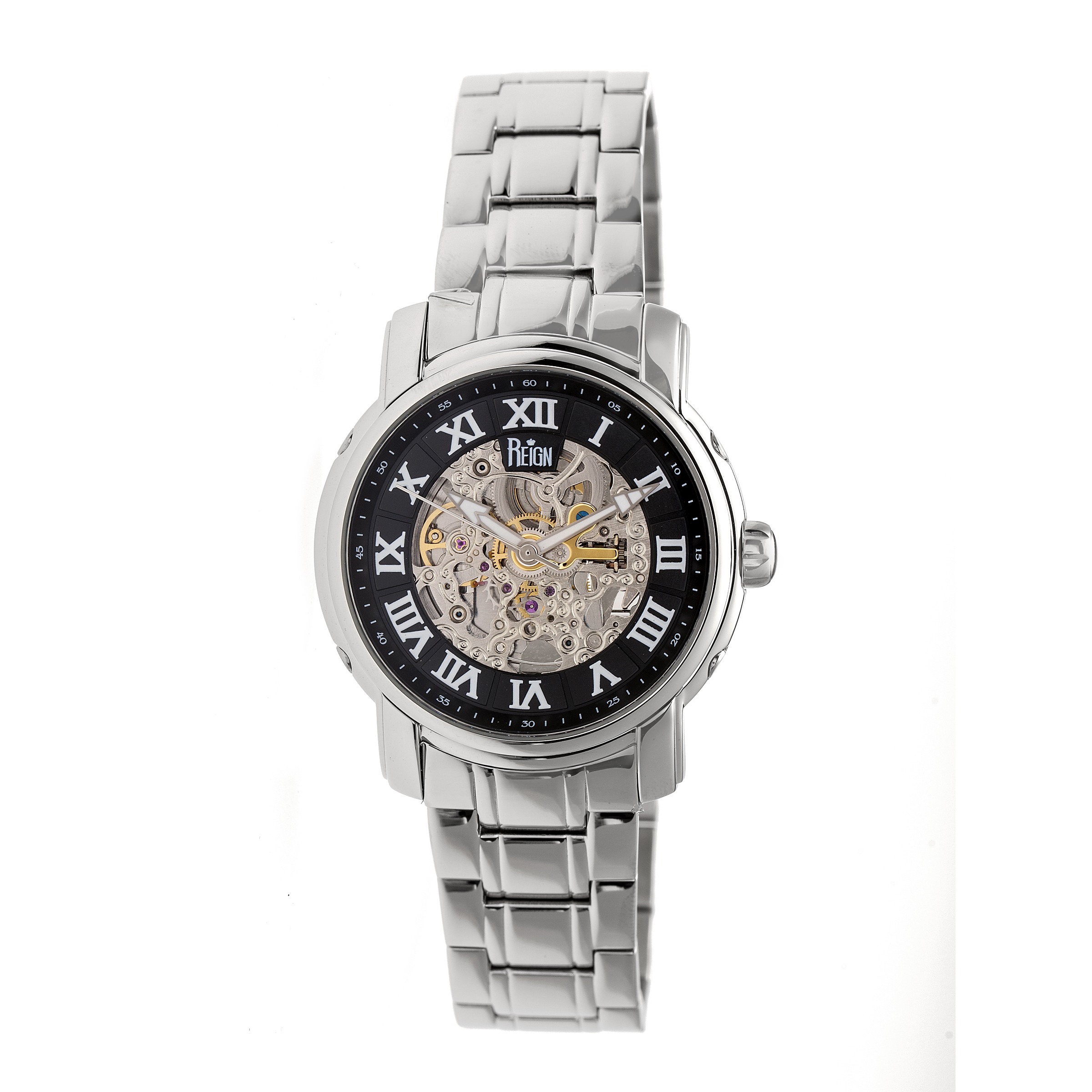 Reign Kahn Black Skeleton Roman Numeral Silver-tone Bracelet Mens Watch RN4302