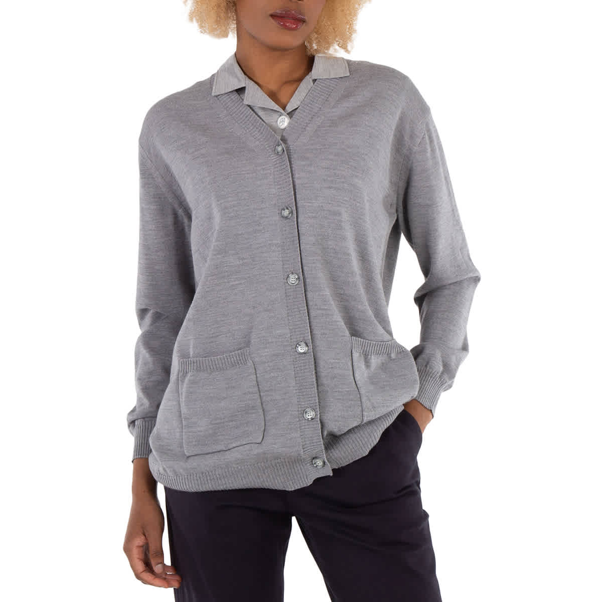 Pre-owned Burberry Ladies Cloud Grey Wool Cardigan Detail Silk Jersey Shirt In Gray