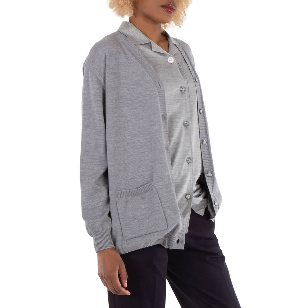 Burberry Ladies Cloud Grey Wool Cardigan Detail Silk Jersey Shirt