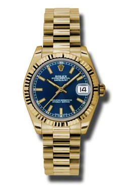 Rolex LadyDatejust 31 Blue Dial 18K Yellow Gold President Automatic Ladies Watch 178278BLSP