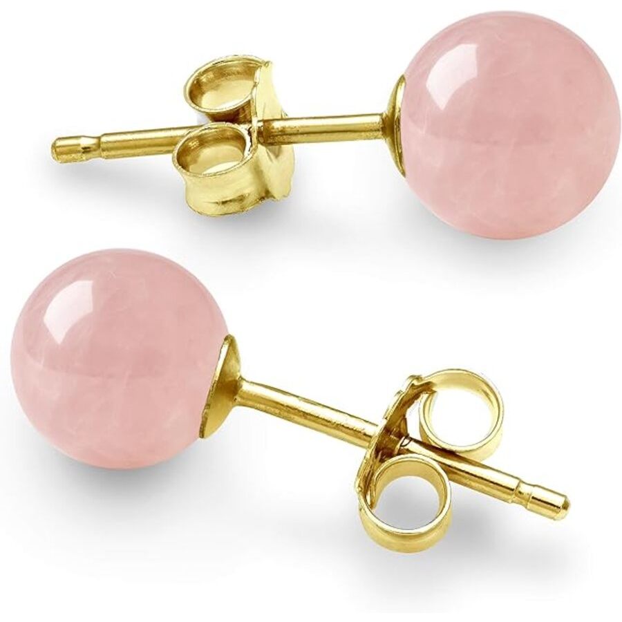 Belacqua Natural 6mm Pink Rose Quartz Stud Earrings in 14k Yellow Gold, Push Back, Jewelry for Women, Gift Box Included