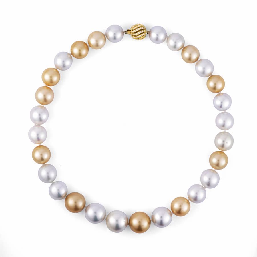 Belacqua Round White & Golden South Sea Pearl Graduated Strand Necklace in 14K Yellow Gold,14.0-17.0mm Pearls, 17.5 Inches, Diamond Ball Clasp