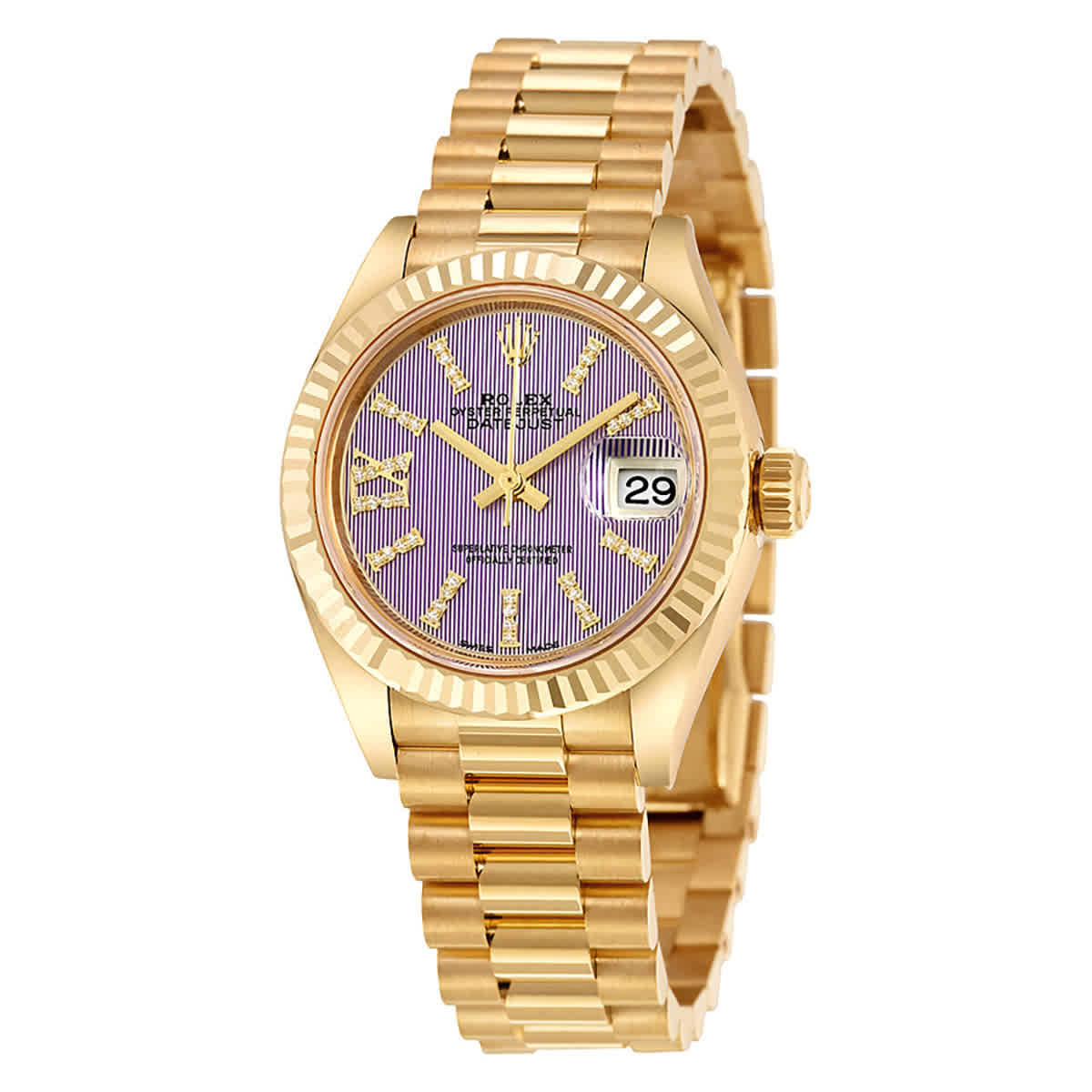Rolex LadyDatejust 28 Lilac Dial 18K Yellow Gold President Automatic Ladies Watch 279178LIRSDP