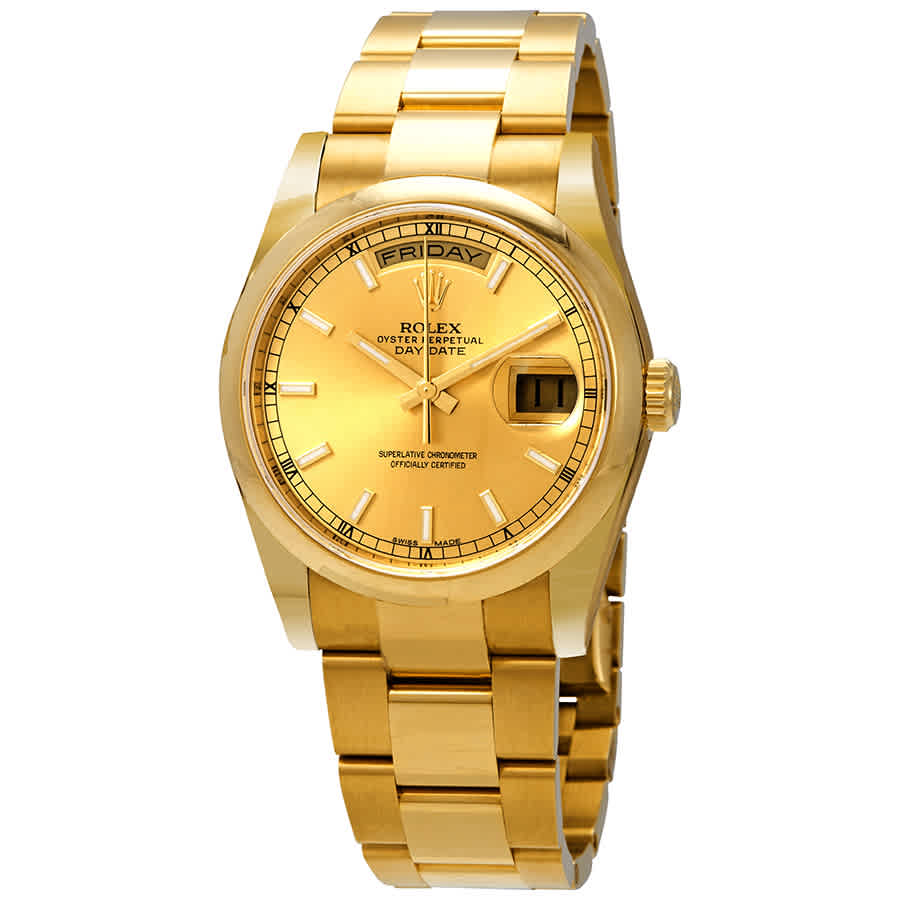 Rolex DayDate Champagne Dial 18K Yellow Gold Oyster Bracelet Automatic Mens Watch 118208CSO