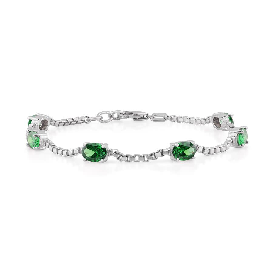 Belacqua Emerald May Birthstone Bracelet in Sterling Silver, Oval Cut 5*7mm, 7.5 Inches Length Bracelet for Women, Gift Box Included