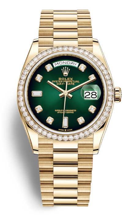 Rolex DayDate 36 Green Dial 18kt Yellow Gold President Watch 128348GNDP