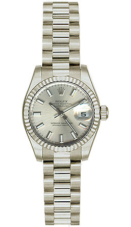 Rolex LadyDatejust 26 Silver Dial 18K White Gold President Automatic Ladies Watch 179179SSP
