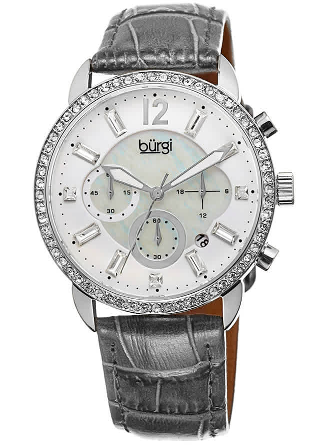 Burgi Crystal Chronograph Grey Leather Mother of Pearl Dial Ladies Watch BUR089GY 99$