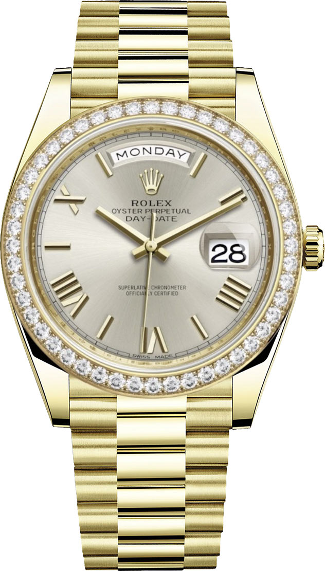 Rolex DayDate 40 Silver Diagonal Motif Dial Automatic Mens 18kt Yellow Gold President Watch 228348SRP