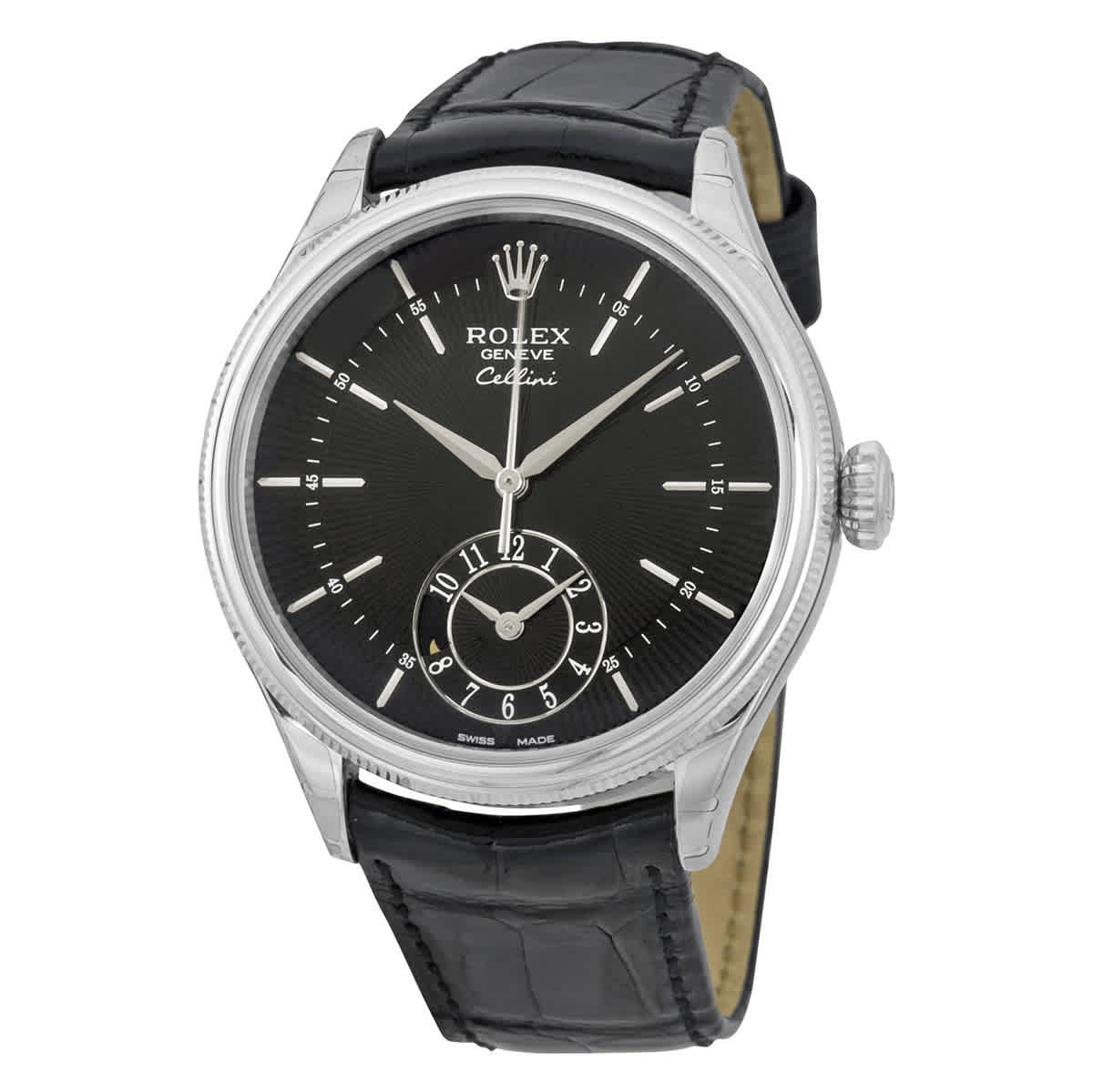 Rolex Cellini Dual Time Black Dial 18kt White Gold Mens Watch 50529BKSBKL