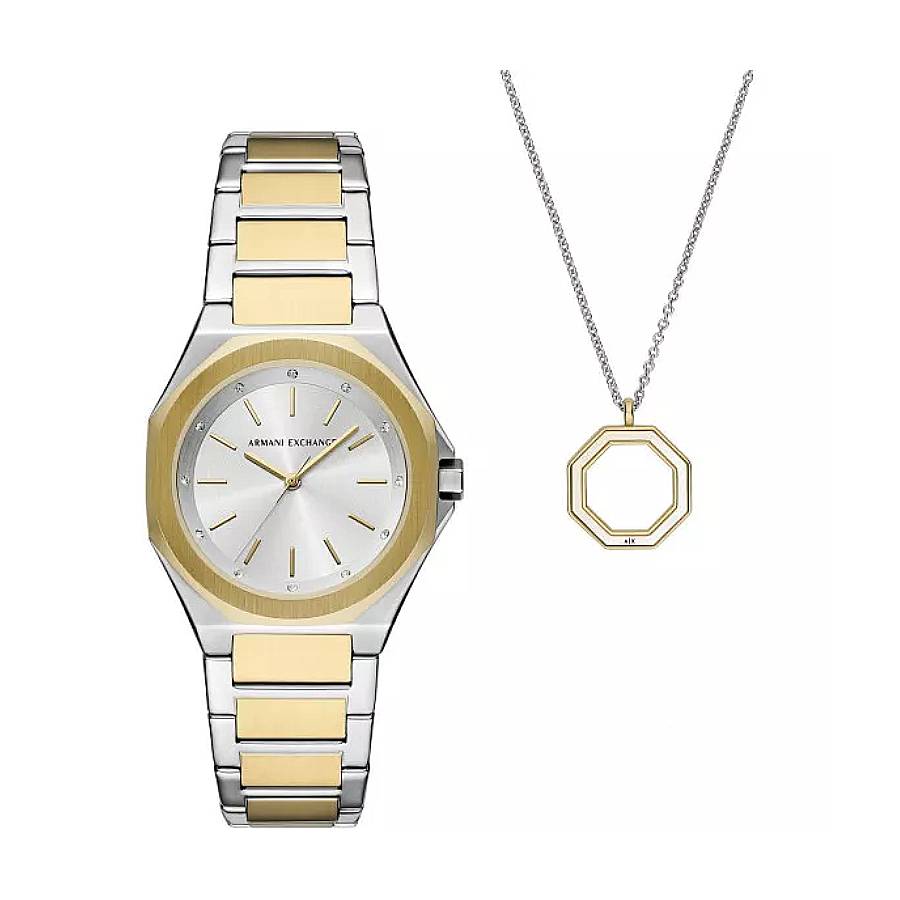 Armani Exchange Quartz Two-Tone Stainless Steel Watch and Necklace Set 89$