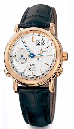 Ulysse Nardin GMT Perpetual Silver Dial 18kt Rose Gold Black Leather Mens Watch 326-22 31655$