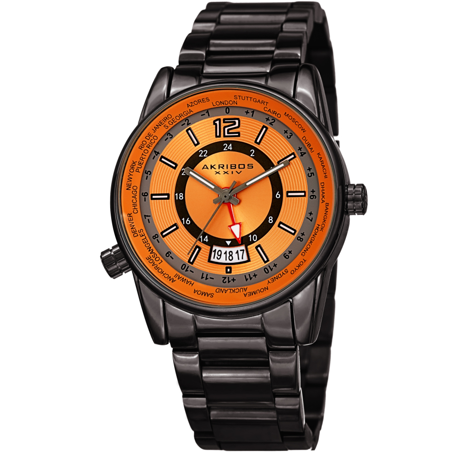 Akribos XXIV World Time Quartz Orange Dial Mens Watch AK1021GNOR 62$