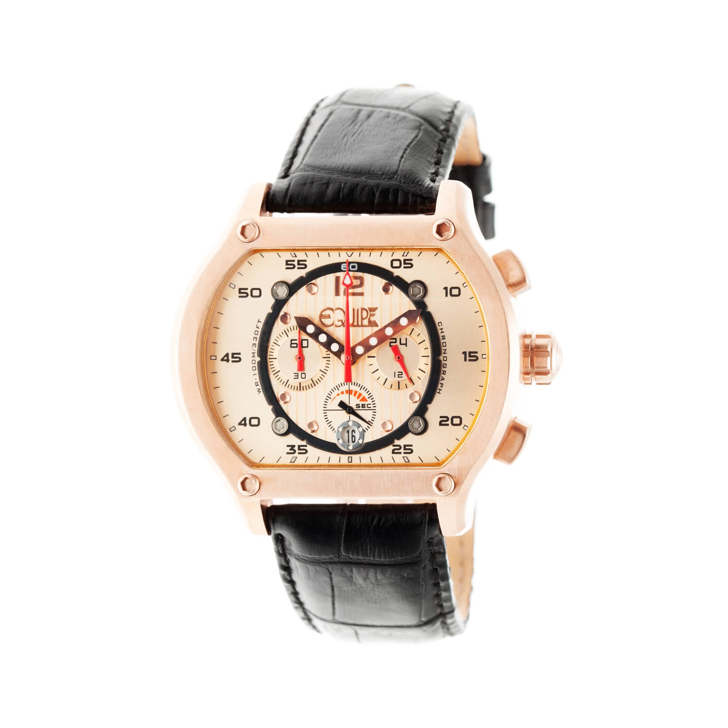 Equipe Dash Chronograph Rose Dial Black Leather Mens Watch E712