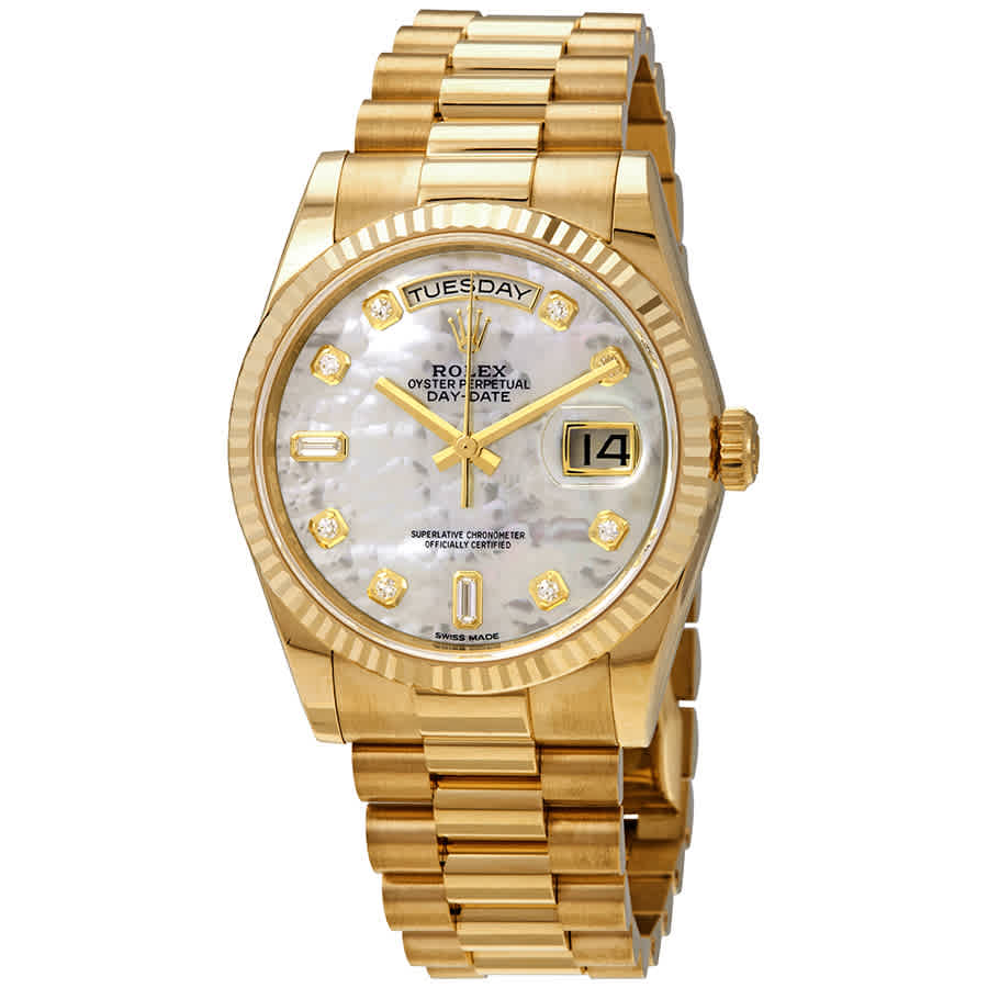 Rolex DayDate White MotherOfPearl Dial 18K Yellow Gold President Automatic Mens Watch 118238MDP