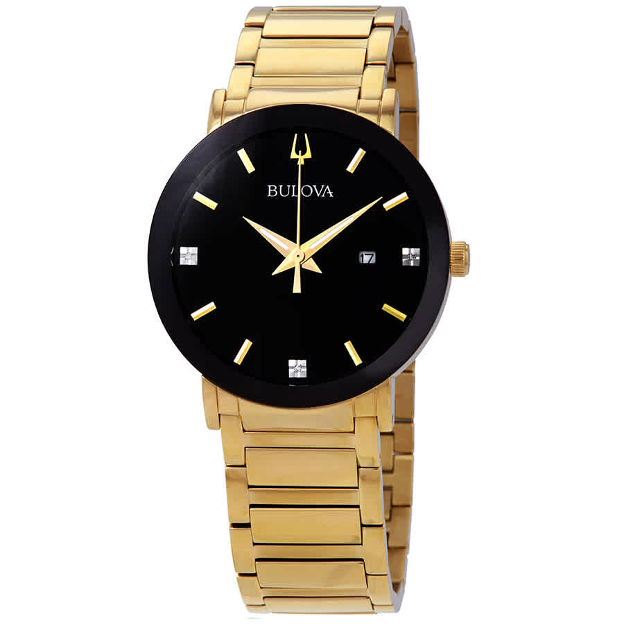 Bulova Diamond Black Dial Yellow Gold-tone Mens Watch 97D116 287$