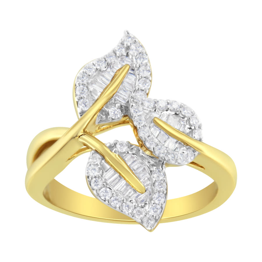 18K Yellow and White Gold Plated 925 Sterling Silver 38 Cttw Baguette and Round Diamond Bypass Triple Leaf Ring I-J Color I1-I2 Clarity 795$