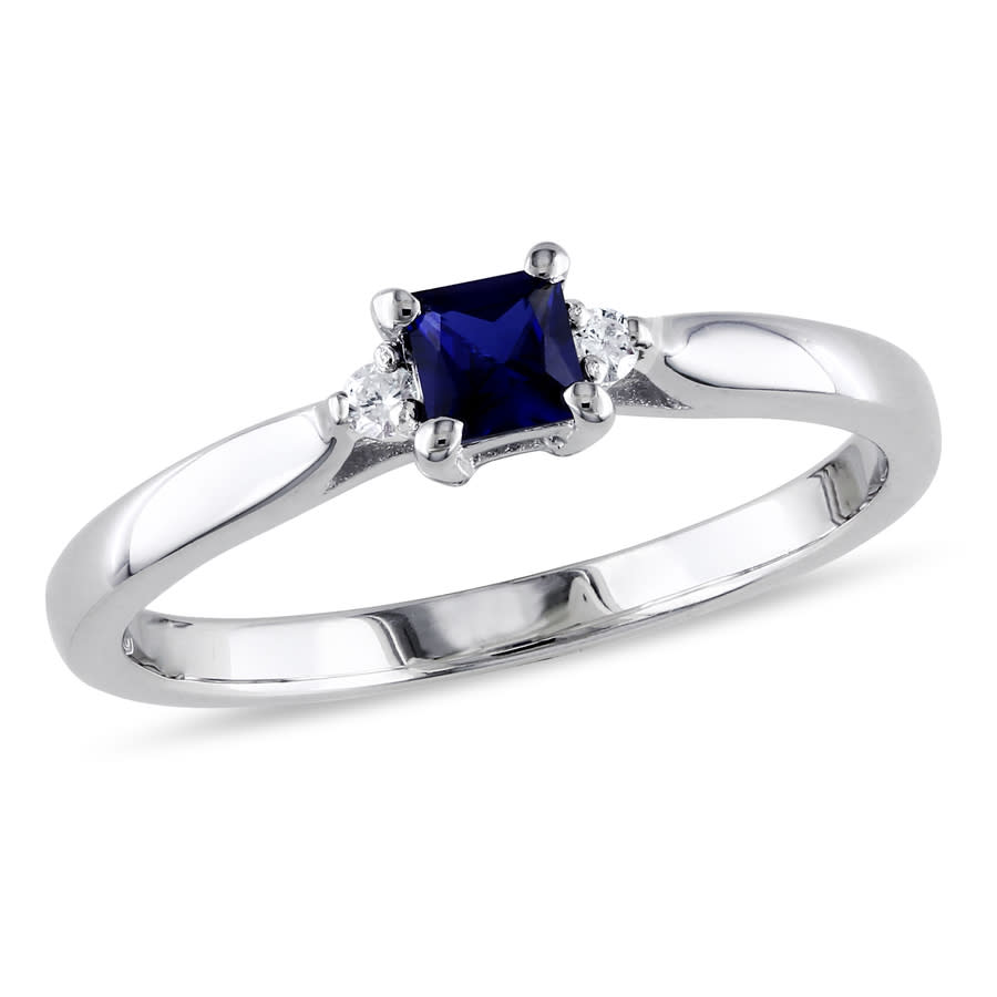 AMOUR Princess Cut Created Blue Sapphire and Diamond Accent Ring In Sterling Silver 67$
