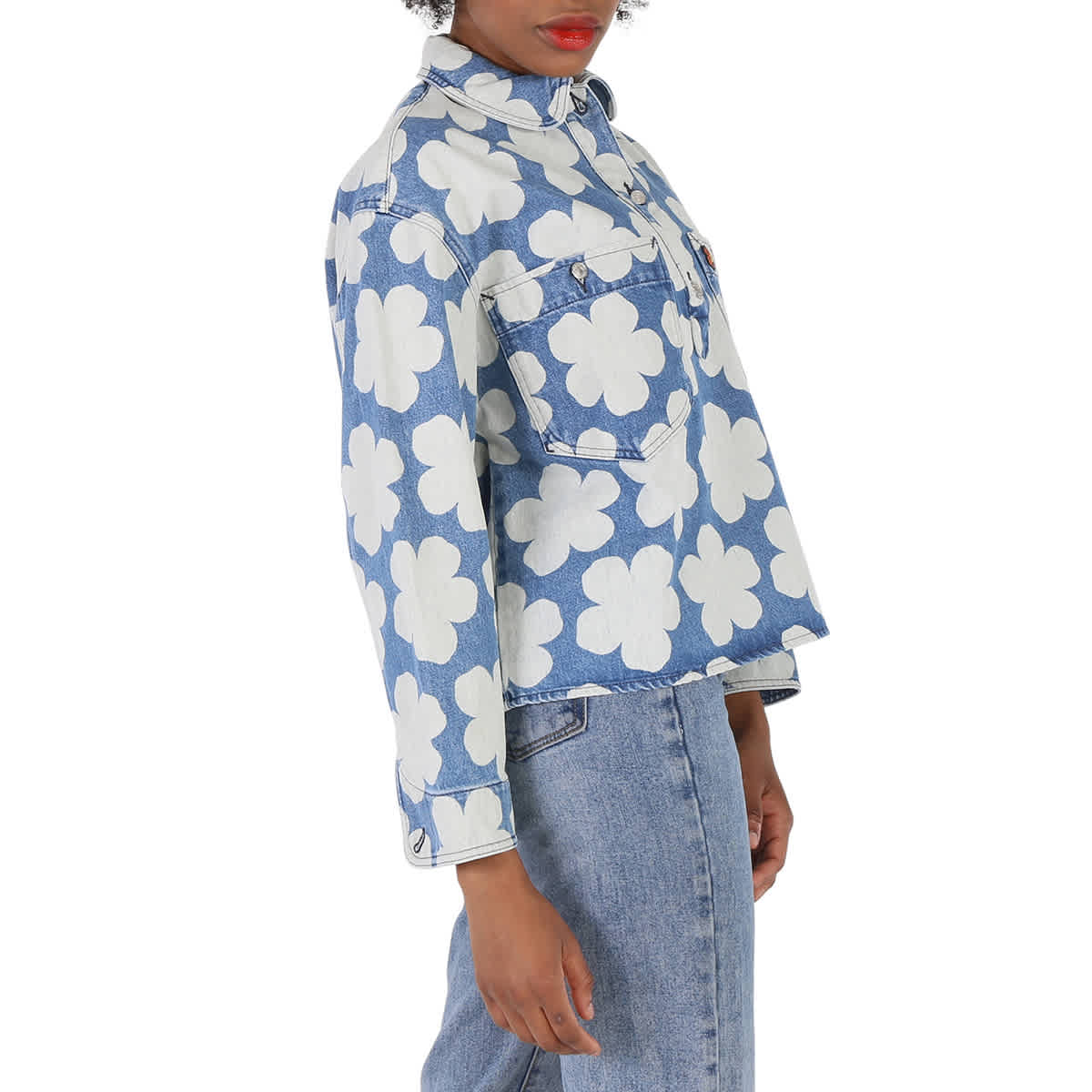 Kenzo Ladies Poppy Print Denim Polo Overshirt