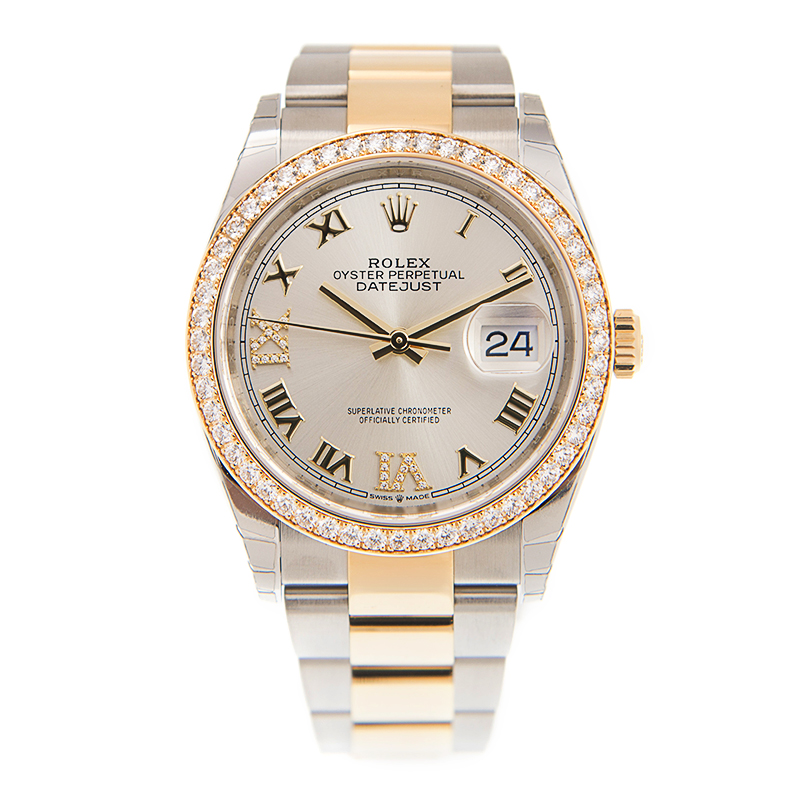 rolex datejust 36 silver diamond dial mens steel and 18kt yellow gold oyster watch 126283srdo