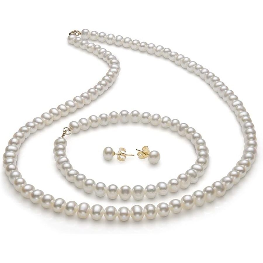 Belacqua 14K Gold 6.0-7.0mm Freshwater Pearl 18'' Necklace Bracelet Stud Earrings Set for Women, Jewelry for Her, Gift Box Included