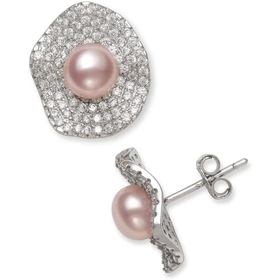 Belacqua Pink Cultured Freshwater Button Pearl with Halo Cubic Zirconia Stud Earring in Sterling Silver Push Back 73$