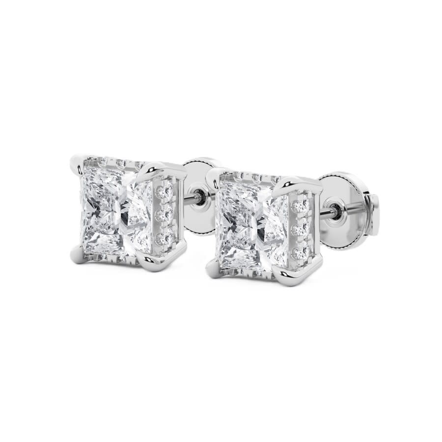 Brilliant Diamond 4 Ctw Princess Lab Grown Diamond Stud Earrings in 14K White Gold, Hidden Halo Design, G Color, SI Clarity