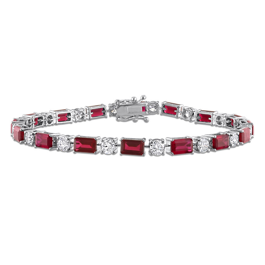 Created Forever 7 1/5ct TGW Created Ruby and 2 7/8ct TW Lab-Grown TW Diamond Tennis Bracelet in 18k White Gold