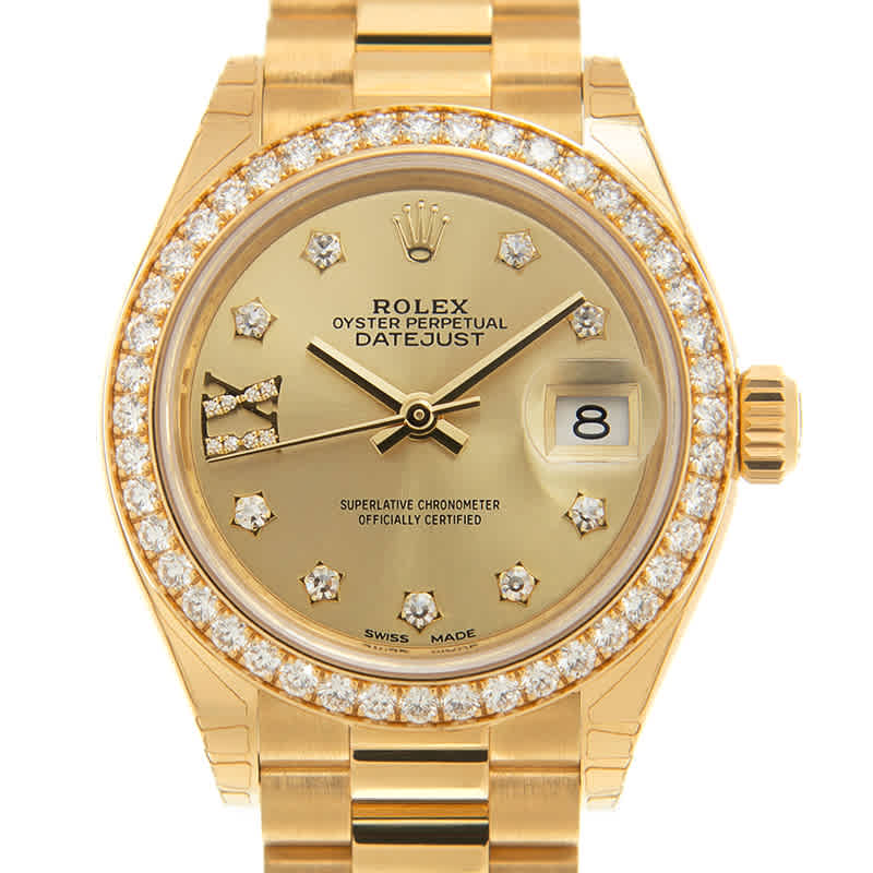 Rolex LadyDatejust Champagne Diamond Dial Automatic Ladies 18 Carat Yellow Gold President Watch 279138RBCDP