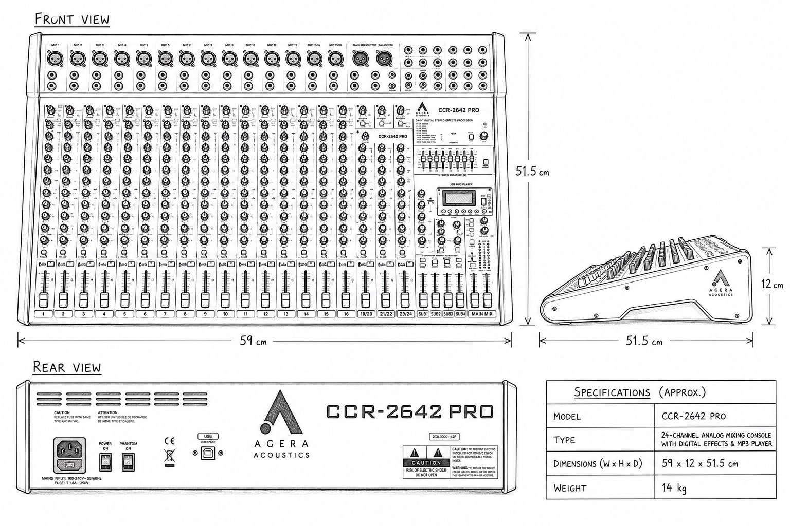Agera Acoustics CCR-2642 PRO 26-Channel Analog Pro Series Mixing Console image 4