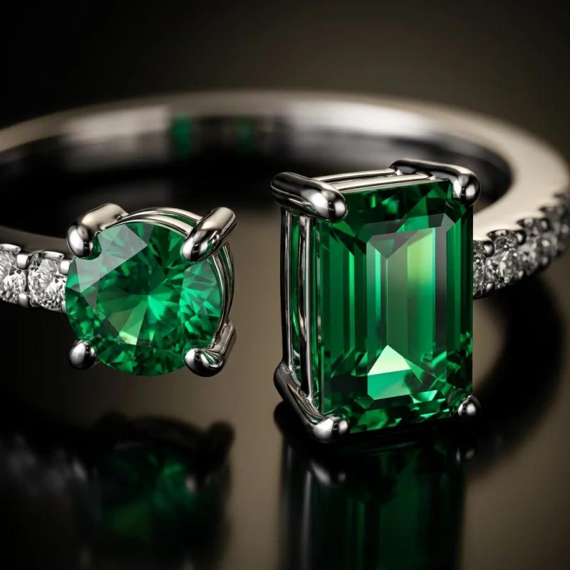 Anillo abierto de oro blanco con 2 esmeraldas rectangulares (0,55 ct) y 10 diamantes (0,06 ct)