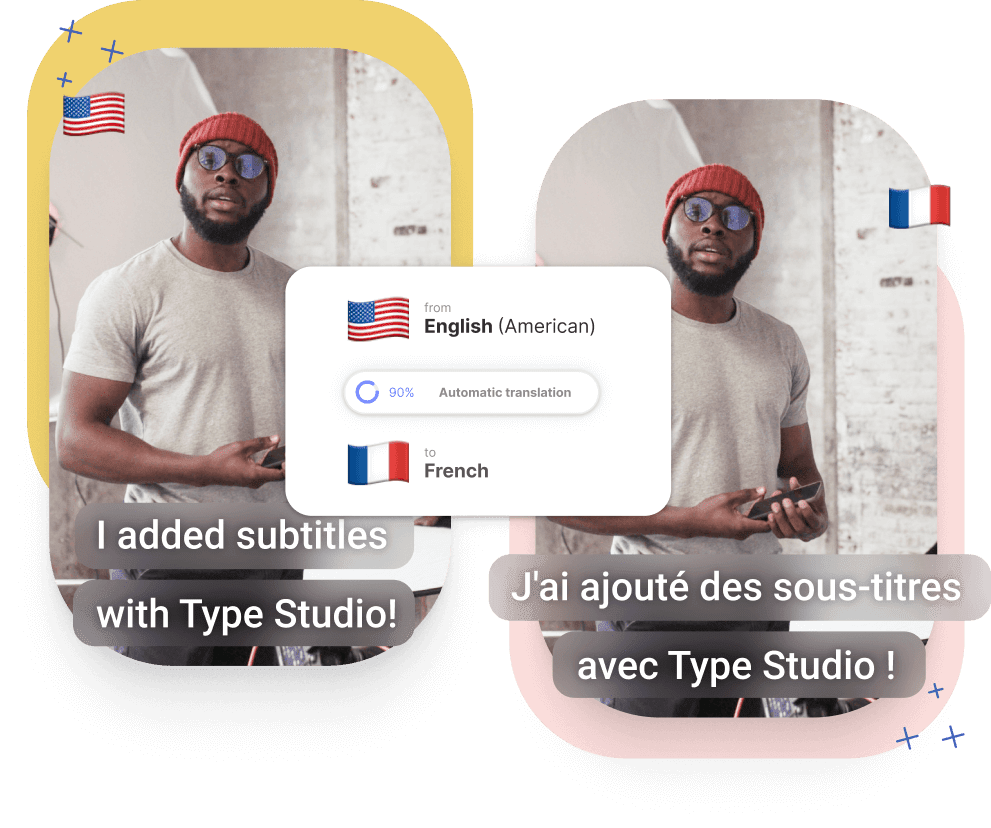 A graphic showing a video thumbnail twice. One with english subtitles, one with french subtitles.