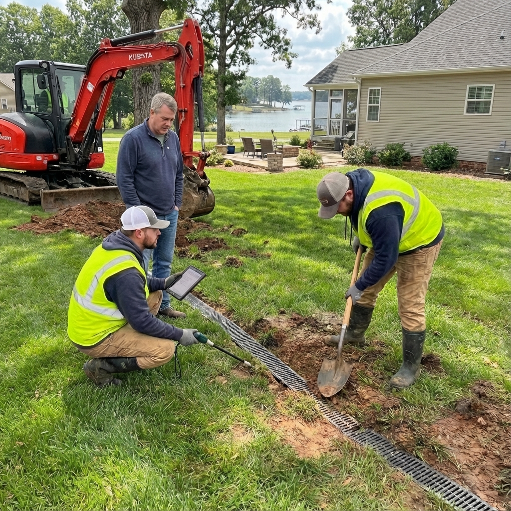 Residential soggy yard with water pooling and clay soil in Lake Norman