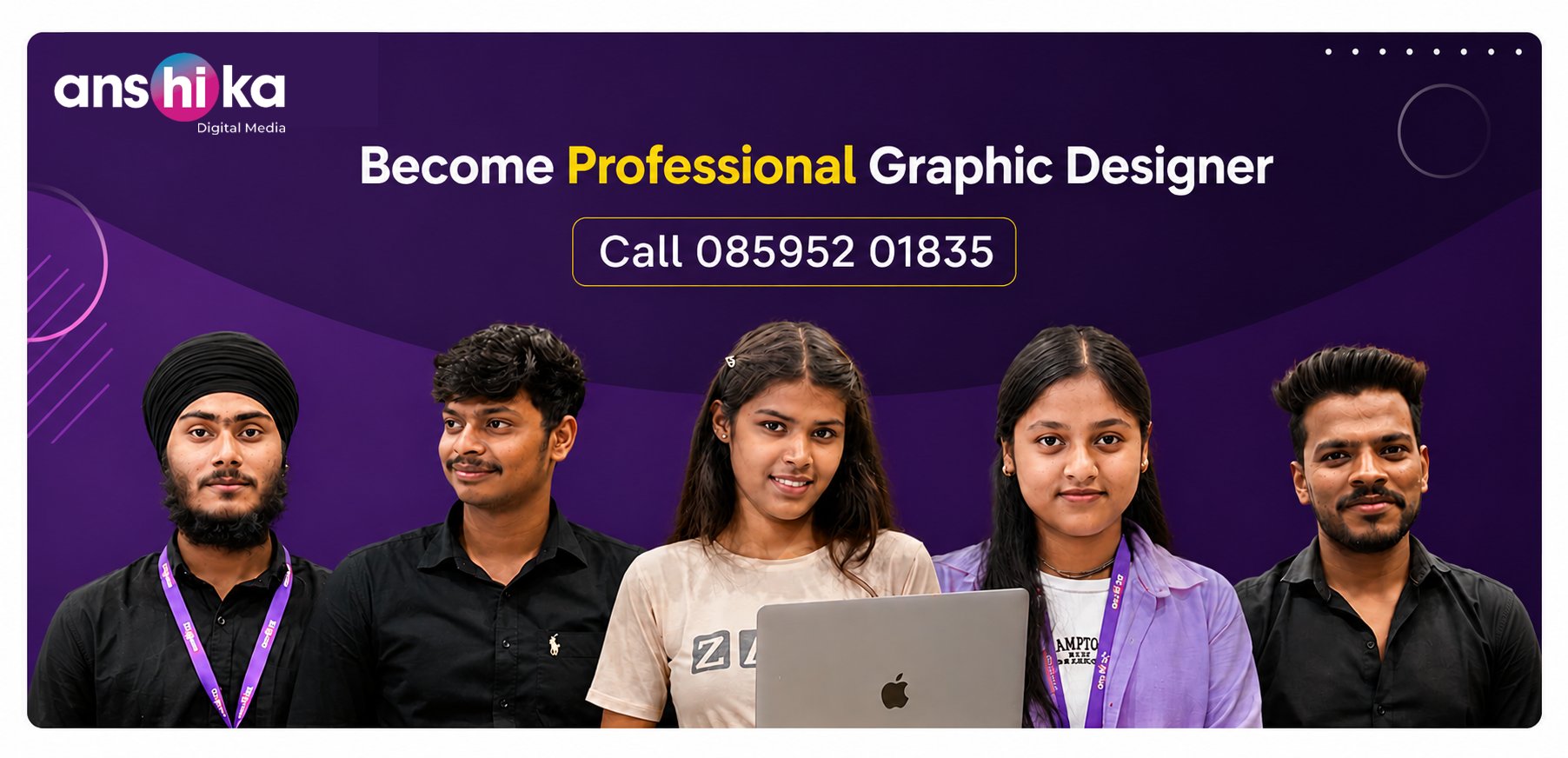 Graphic design students working on creative projects at Anshika Digital Media in Saket Delhi