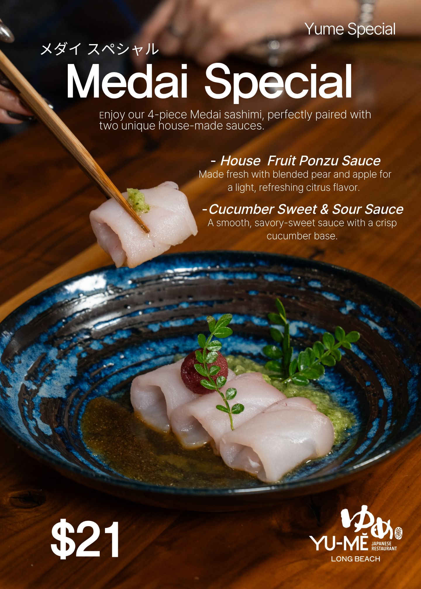 Medai Special at Yume Long Beach — A selection of seasonal seafood and drink offerings from Yume Long Beach, including the Medai Special with four pieces of medai sashimi served with house-made fruit ponzu and cucumber sweet and sour sauces. Additional features include Ocean Trout Salmon, fresh oysters, scallop sashimi, Kimino Ume and Yuzu sodas, Kizakura Peach Weizen, Yuzu Shuwah, Caymus Cabernet, and Suntory All Free non-alcoholic beer. (2 of 3)
