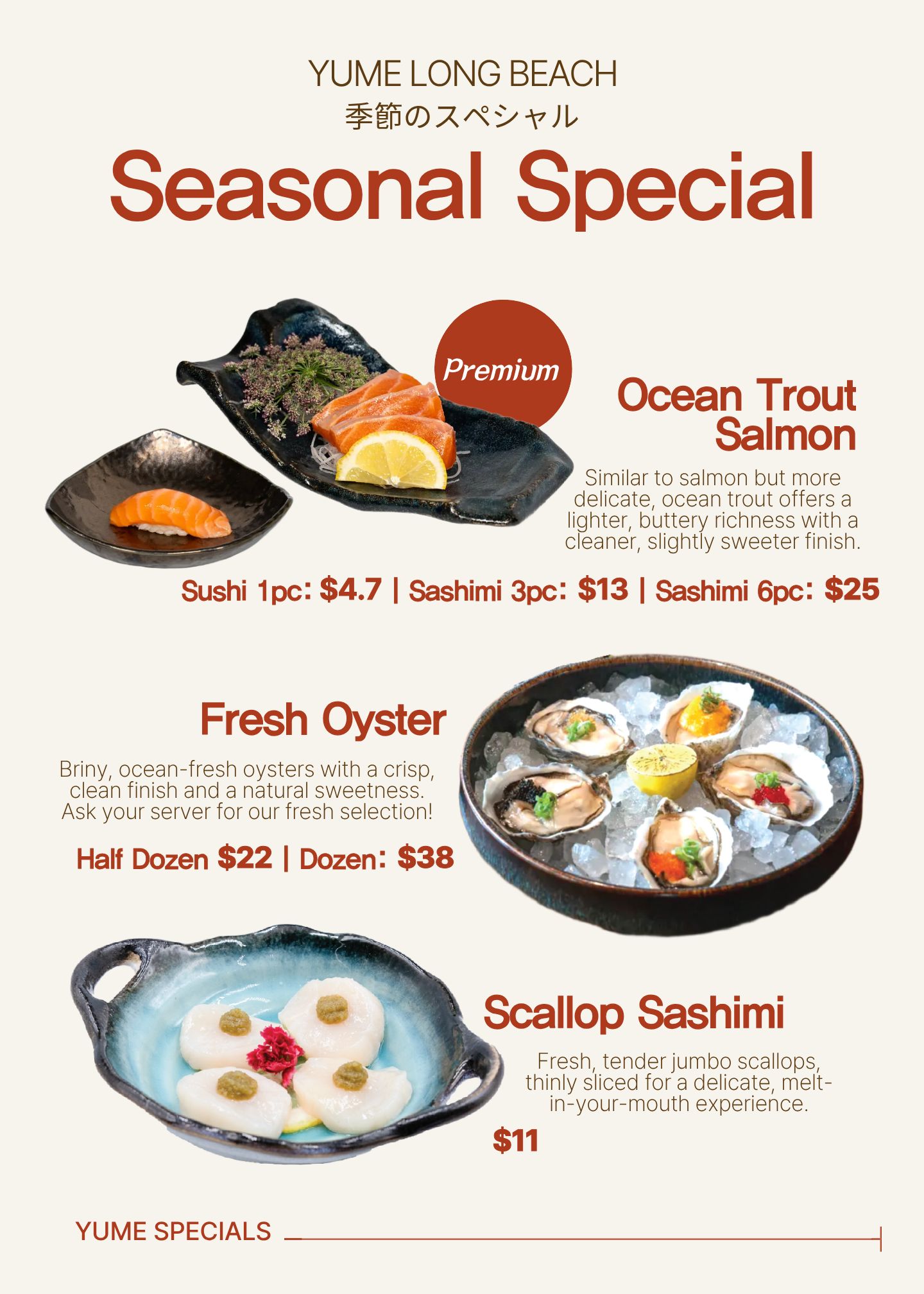 Medai Special at Yume Long Beach — A selection of seasonal seafood and drink offerings from Yume Long Beach, including the Medai Special with four pieces of medai sashimi served with house-made fruit ponzu and cucumber sweet and sour sauces. Additional features include Ocean Trout Salmon, fresh oysters, scallop sashimi, Kimino Ume and Yuzu sodas, Kizakura Peach Weizen, Yuzu Shuwah, Caymus Cabernet, and Suntory All Free non-alcoholic beer. (1 of 3)