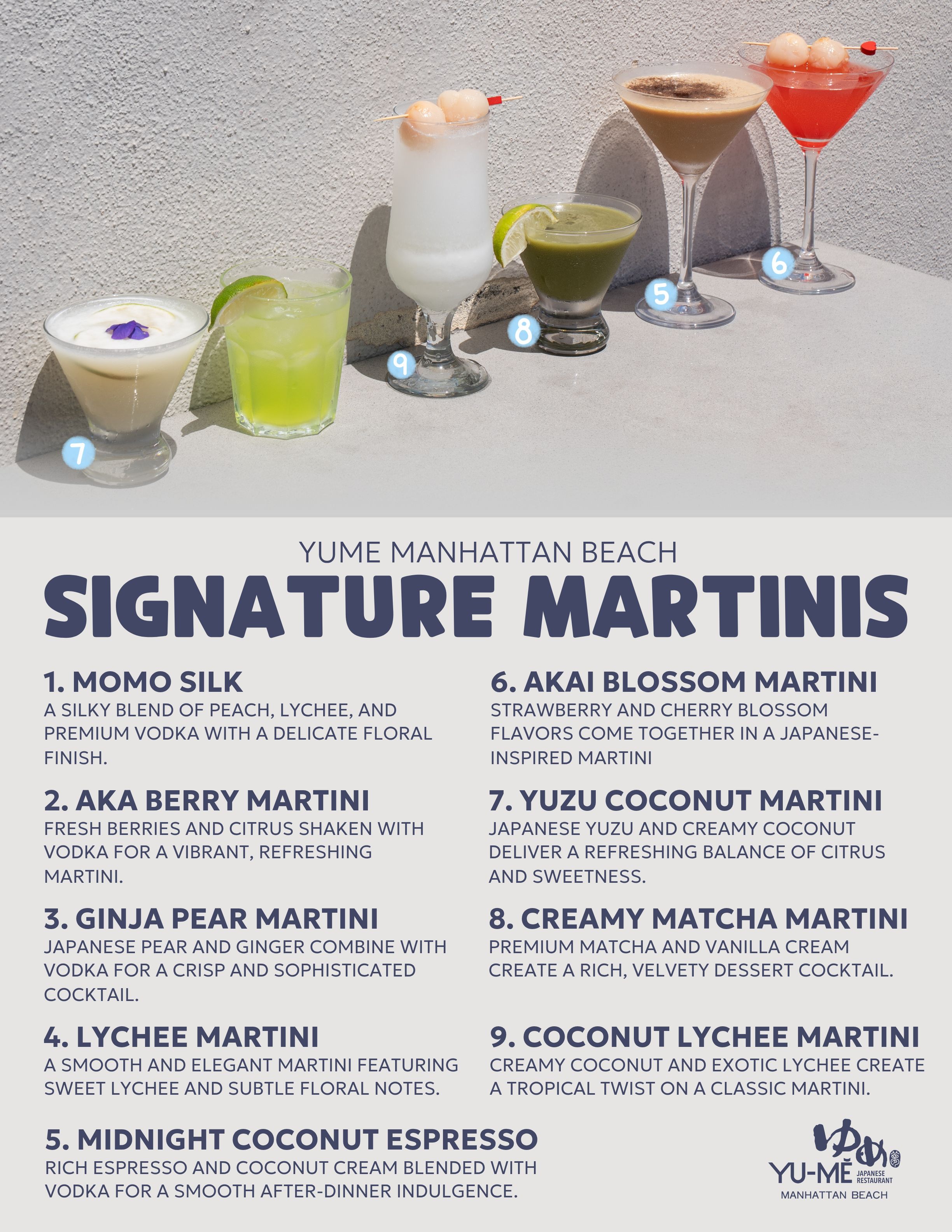 Yume Manhattan Beach signature martini menu featuring nine specialty cocktails with peach, berry, pear, lychee, coconut, espresso, strawberry, cherry blossom, yuzu, and matcha flavors. (4 of 4)