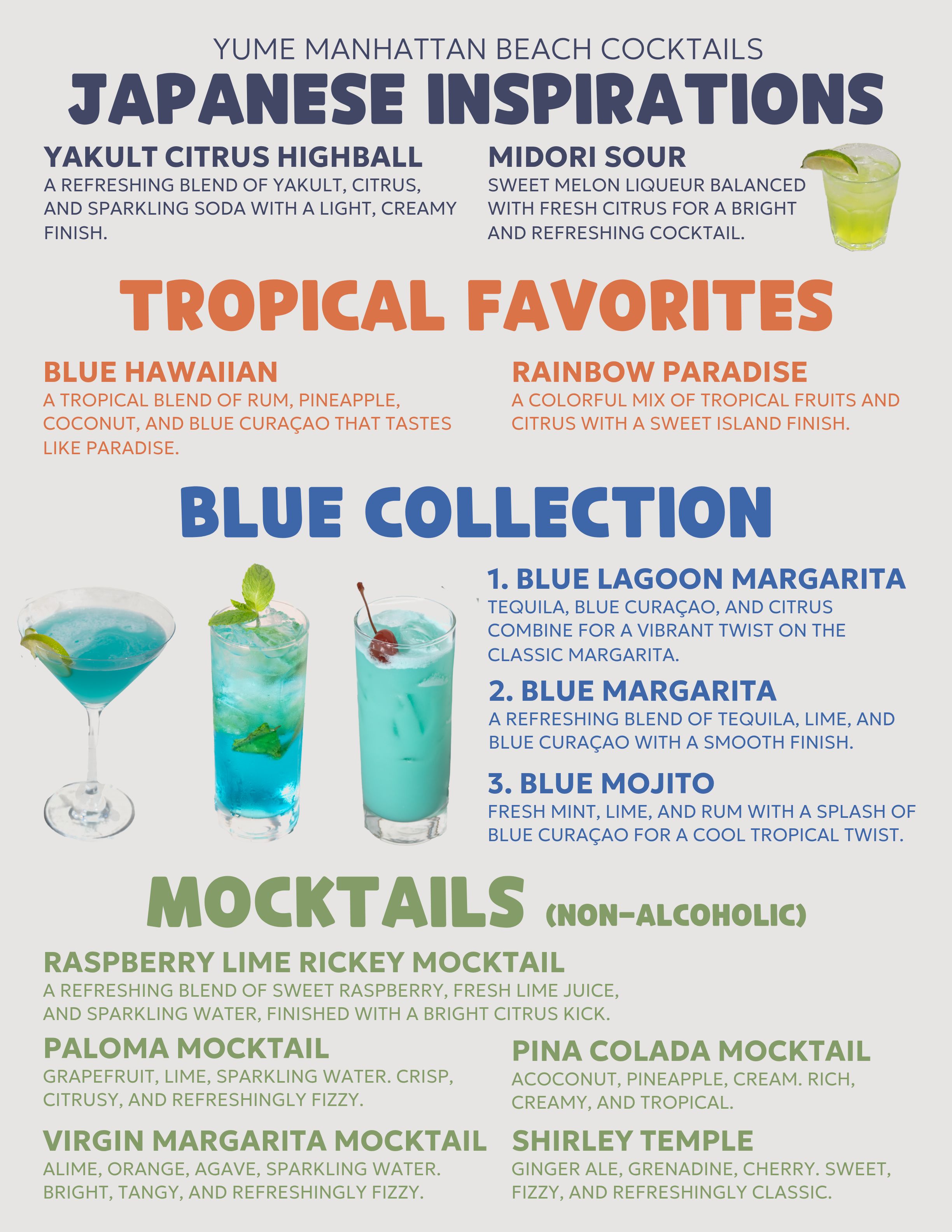 Yume Manhattan Beach cocktail menu featuring Japanese-inspired drinks, tropical cocktails, blue margaritas and mojitos, plus non-alcoholic raspberry lime, Paloma, Virgin Margarita, Piña Colada, and Shirley Temple mocktails. (3 of 4)