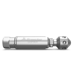 Gopher 40k cartridge-style polisher showing the high-pressure inlet and six-port head