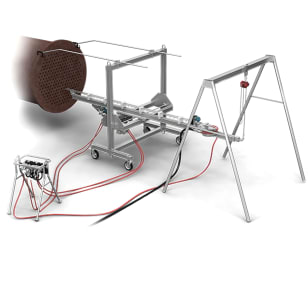 rigid lance machine arranged for horizontal heat exchanger tube cleaning with remote control box and lance supports