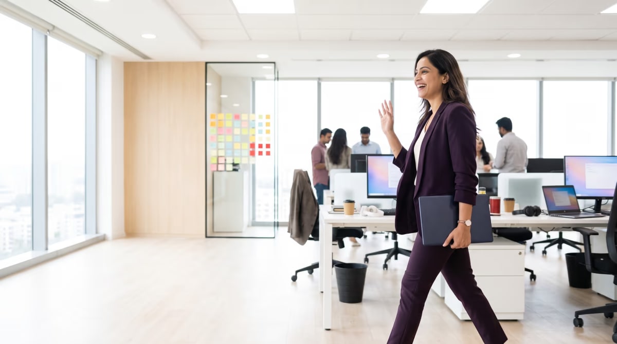 Smiling woman in a plum suit waving as she walks through a busy startup office