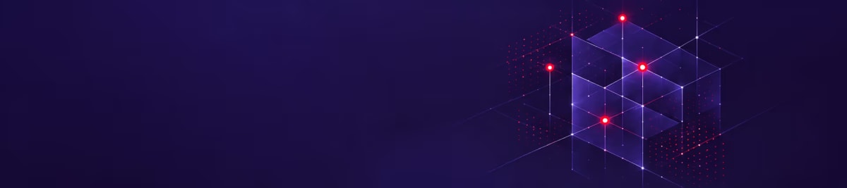 A translucent cube grid connected by red points of light on a deep purple background.