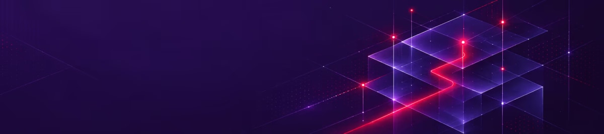 Layered translucent blocks crossed by a glowing red path on a deep purple background.