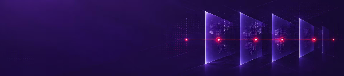 Translucent portal panels connected by glowing red points on a deep purple background.
