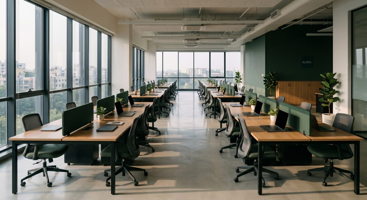 Modern open-plan office with rows of empty workstations and natural light from full-height windows