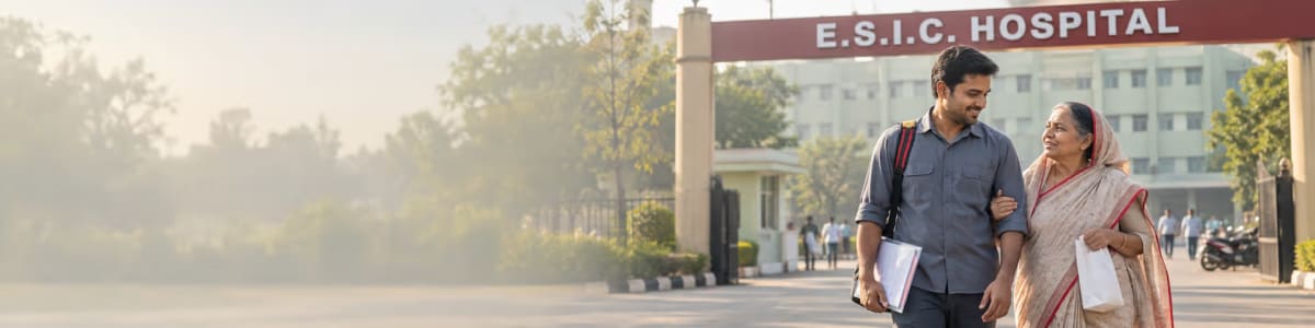 A young man carrying a shoulder bag and a folder of papers walking arm in arm with an older woman in a sari out through the gateway of an ESIC hospital